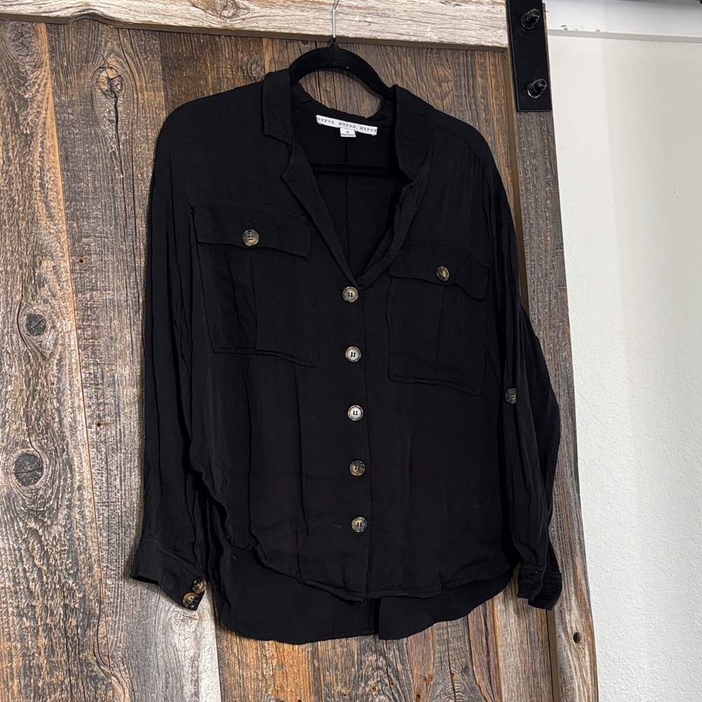Black Button-Down Linen Top with Chest Pockets